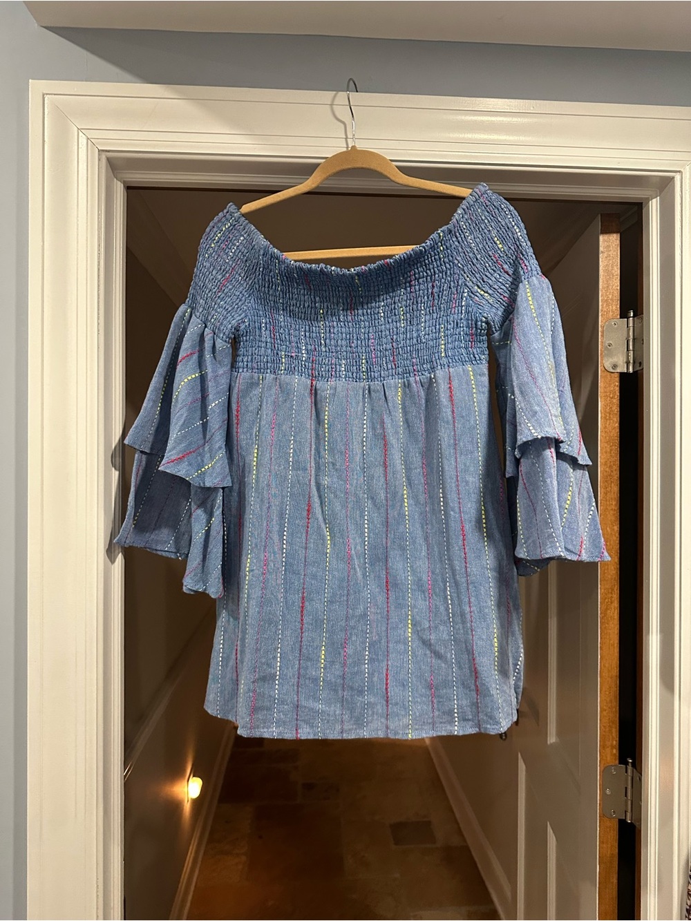 Red Carter Light Blue Off-Shoulder Smocked Tunic with Multicolor Stripes